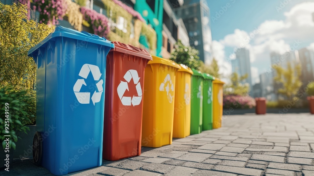 Multicolored bins line the pathway, promoting recycling and environmental awareness in a vibrant city setting Multicolored bins line the pathway, promoting recycling and environmental awareness in a vibrant city setting
