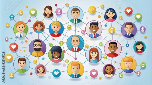 Warm and colorful illustration of interconnected icons representing diverse friends and family members, symbolizing unity, love, and togetherness in a vibrant digital community. photo