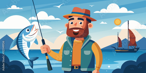 Happy fisherman stands against the backdrop of the sea and holds a fish that he has caught with a bait

