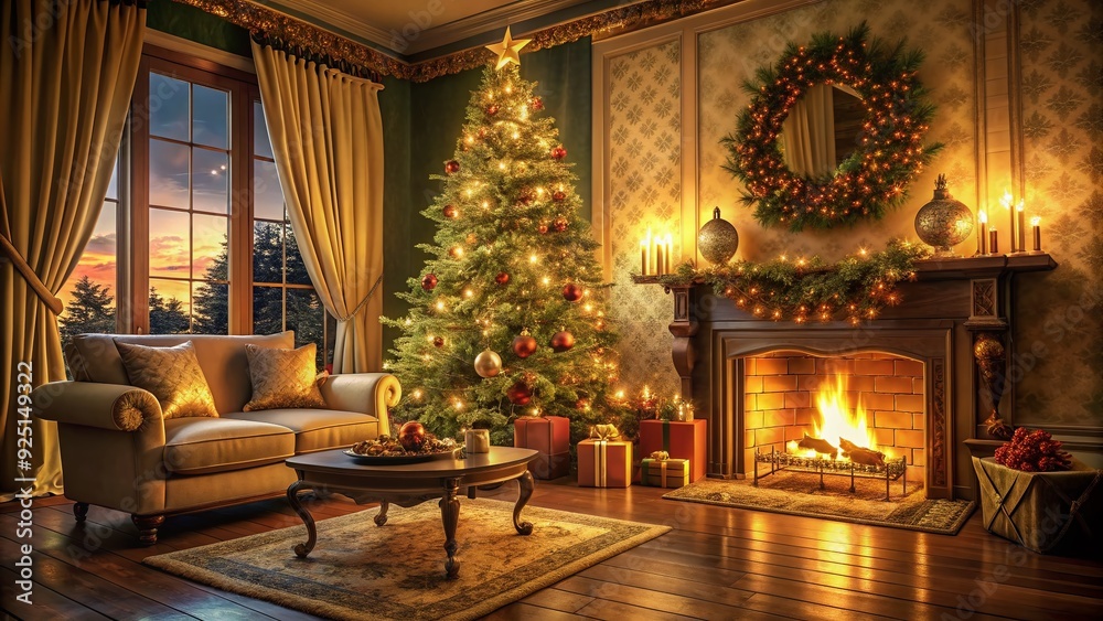Warm and inviting living room with richly decorated Christmas tree, twinkling garland, and crackling wood fireplace, bathed in soft, golden evening light.