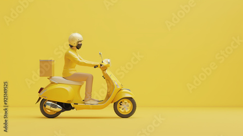 A man in a yellow suit is riding a yellow scooter. The yellow color of the scooter and the man's outfit creates a cheerful and energetic mood