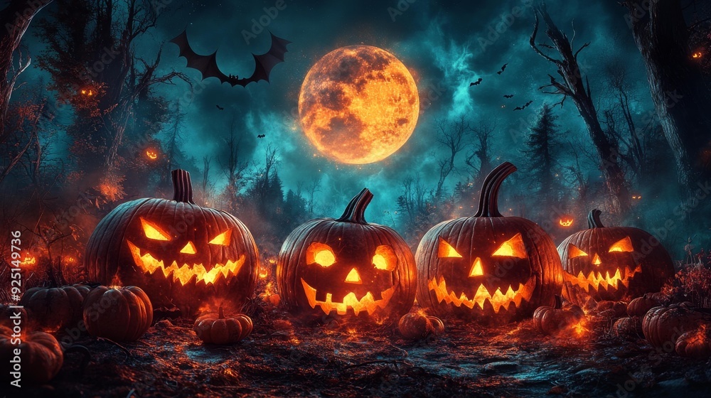 Spooky halloween jack-o'-lanterns in a haunted forest - generative ai Spooky halloween jack-o'-lanterns in a haunted forest - generative ai