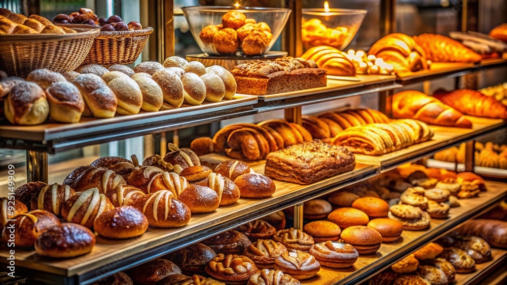 Warmly lit artisanal bakery display case filled with an assortment of freshly baked crusty bread, flaky croissants, and colorful sweet pastries. Warmly lit artisanal bakery display case filled with an assortment of freshly baked crusty bread, flaky croissants, and colorful sweet pastries.
