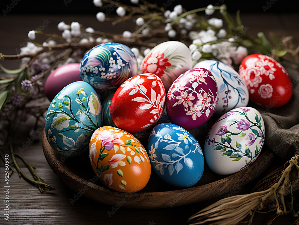 High angle of colored easter eggs in basket with copy space and twigs High angle of colored easter eggs in basket with copy space and twigs