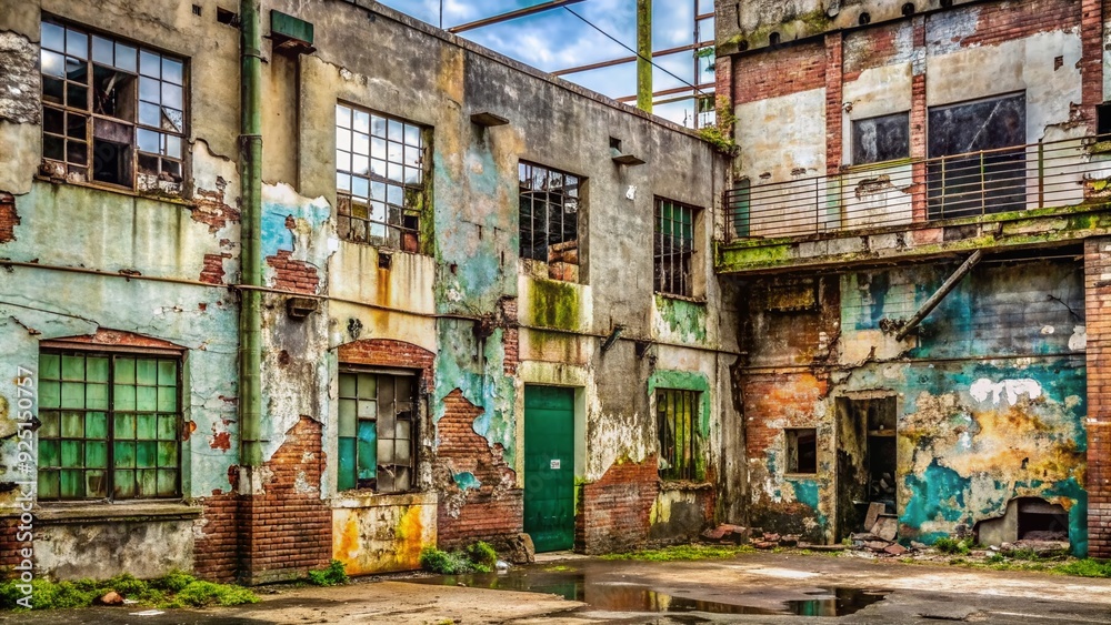 Fototapeta premium Weathered industrial backdrop featuring cracked stucco walls with peeling paint, mold growth, and faded graffiti, exuding a sense of urban decay and neglect.