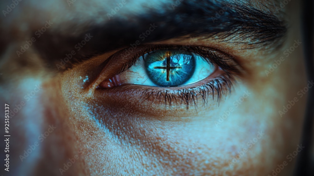 Close-up of a man’s blue eye reflecting a Christian cross, intense gaze, spiritual and religious symbolism, faith and devotion, human eye photography Close-up of a man’s blue eye reflecting a Christian cross, intense gaze, spiritual and religious symbolism, faith and devotion, human eye photography