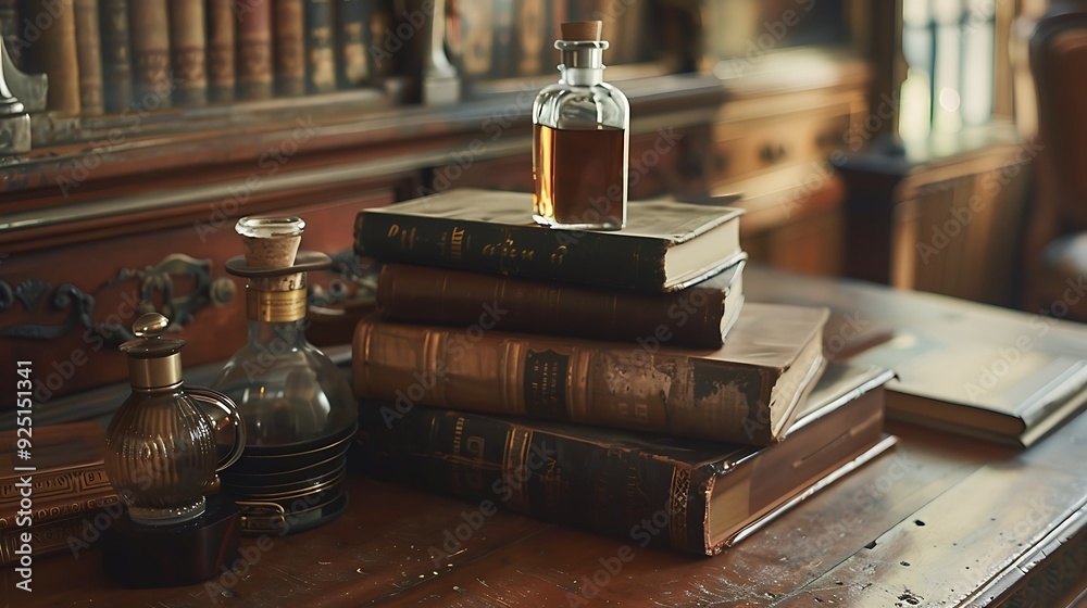 Antiques books and an oil flacon on the reading room desk