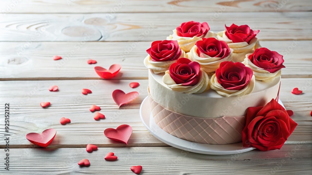 Whimsical Valentine's Day surprise featuring a delicious bento cake adorned with roses and paper hearts on a white wooden table, conveying affection and love. Whimsical Valentine's Day surprise featuring a delicious bento cake adorned with roses and paper hearts on a white wooden table, conveying affection and love.