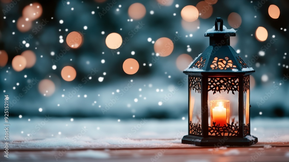 A beautifully lit lantern sits in the snow, creating a warm glow amidst falling snowflakes and gentle bokeh lights. A beautifully lit lantern sits in the snow, creating a warm glow amidst falling snowflakes and gentle bokeh lights.
