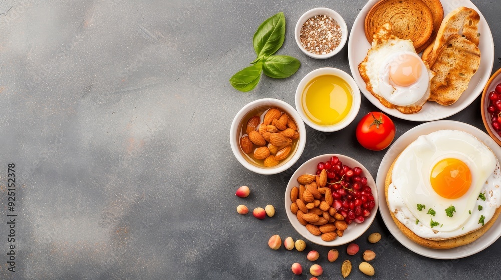 A breakfast spread with eggs, toast, nuts, and fruit on a gray background. There is copy space to the left. A breakfast spread with eggs, toast, nuts, and fruit on a gray background. There is copy space to the left.