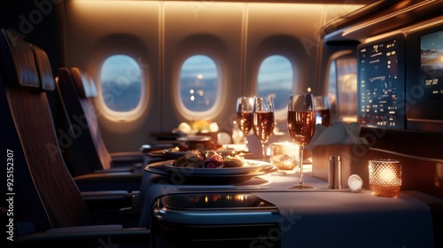 A lavish meal is served on a beautifully set table in a first-class cabin with dim lighting and cozy decorations