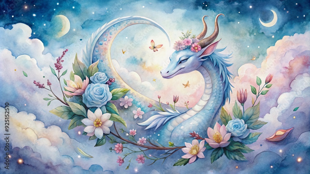 Φωτογραφία Whimsical watercolor illustration of a serene dragon curled around a crescent moon, surrounded by floating clouds and delicate flowers, in soft, ethereal hues