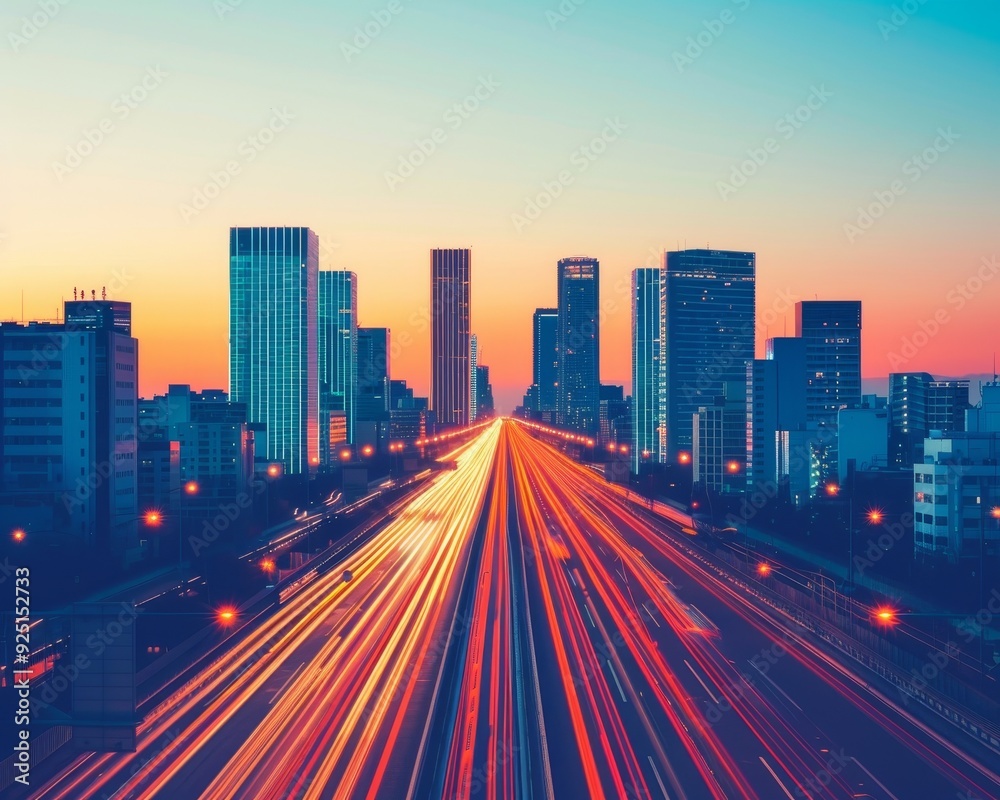 A city skyline with a long highway filled with streaks of light from cars passing by at sunset.