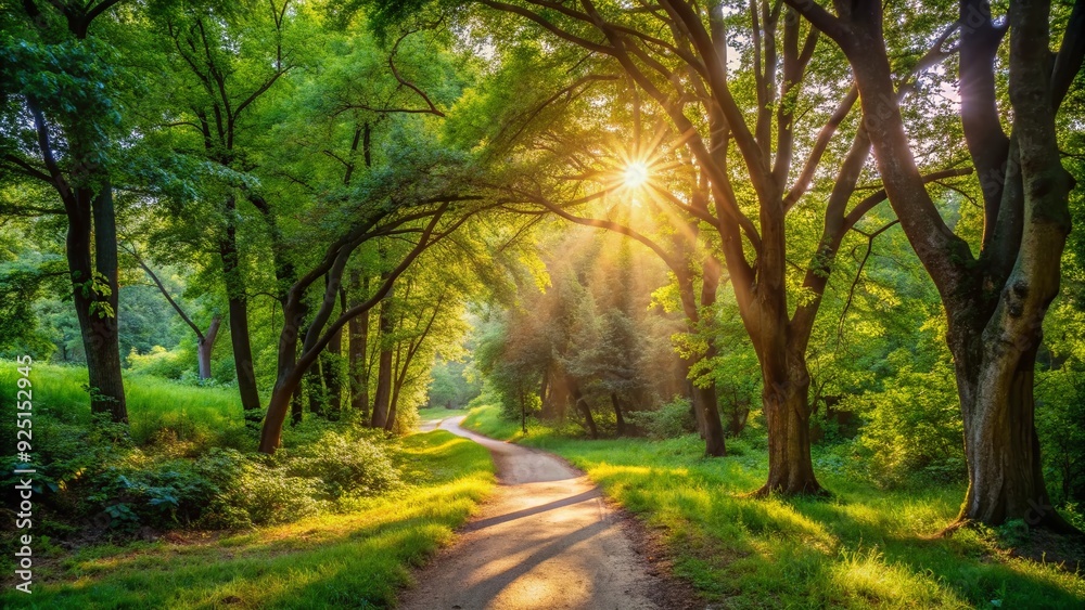 Naklejka premium Winding dirt path surrounded by lush green forest, dappled sunlight filtering through trees, leading to a serene and peaceful outdoor escape.