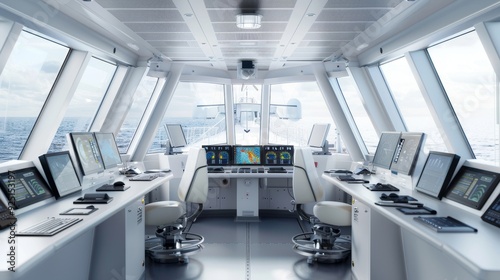 The cockpit of a ship is filled with screens and buttons