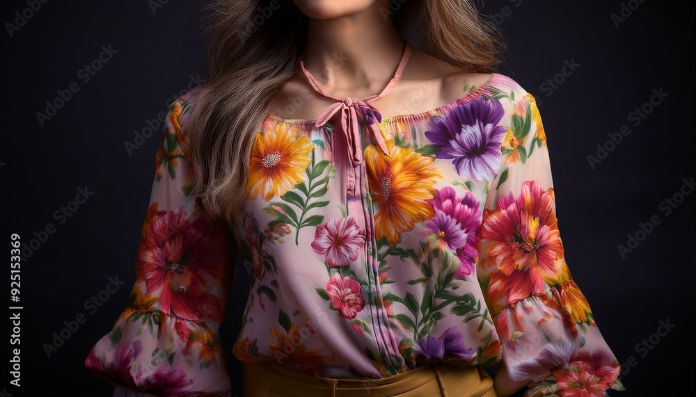 A long-sleeve square collar blouse in a bohemian style, with large, colorful blooms A long-sleeve square collar blouse in a bohemian style, with large, colorful blooms