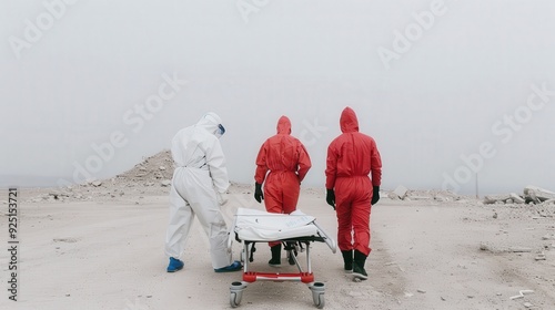 Emergency Medical Team with Stretcher in Earthquake Disaster Area - Hope and Rescue in Isolated Nature Setting