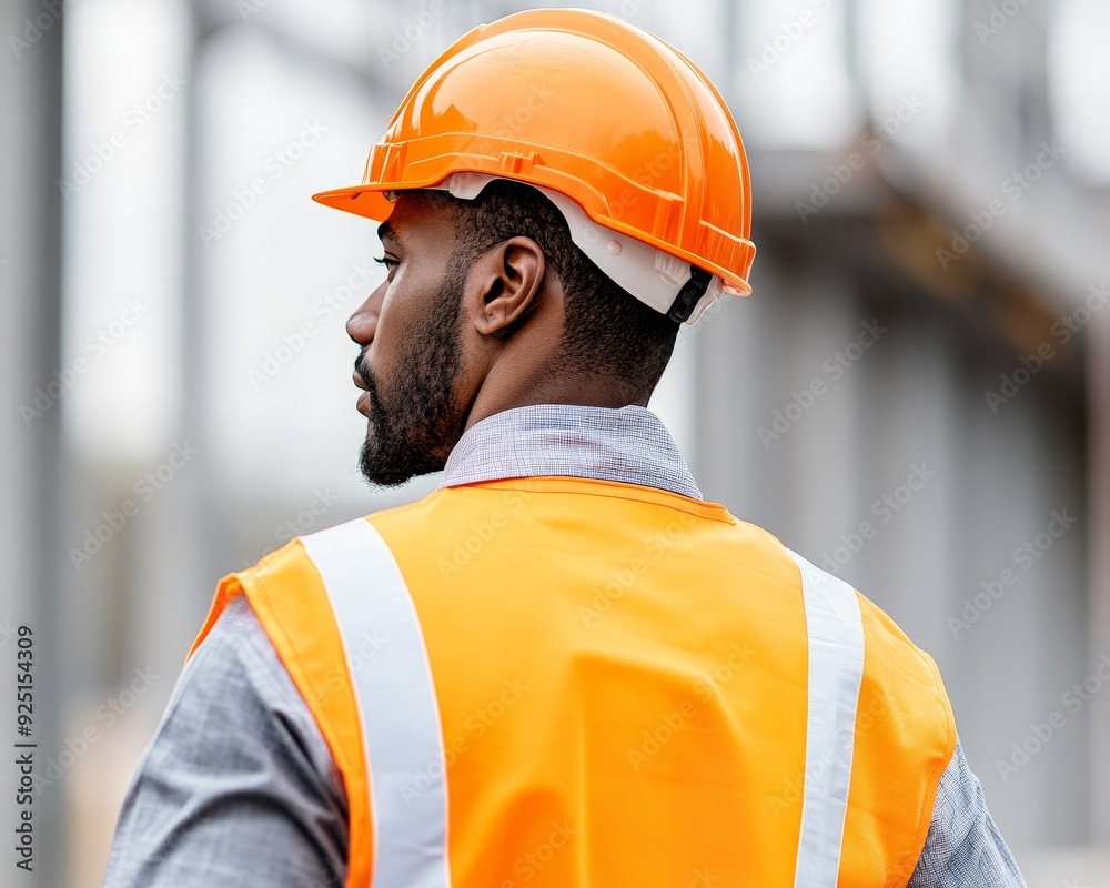 Fototapeta premium A construction worker in an orange hard hat and safety vest observes a site, showcasing dedication and safety in the workplace.