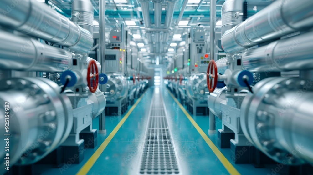 A large industrial pipe system with a yellow A large industrial pipe system with a yellow