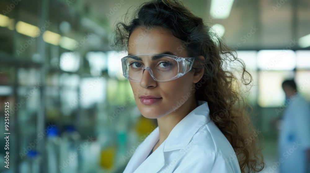 A female scientist wearing a lab coat and protective goggles stands in a laboratory, ready to conduct scientific experiments and research. A female scientist wearing a lab coat and protective goggles stands in a laboratory, ready to conduct scientific experiments and research.