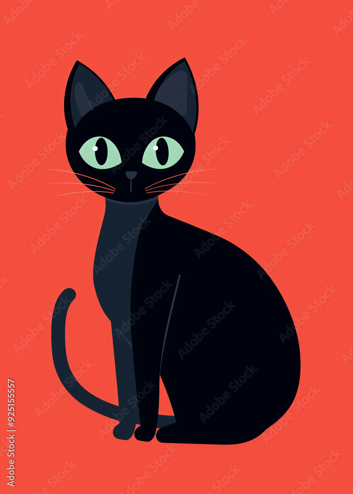 Funny black kitten with big eyes on bright red background. Clean simplistic illustration.
