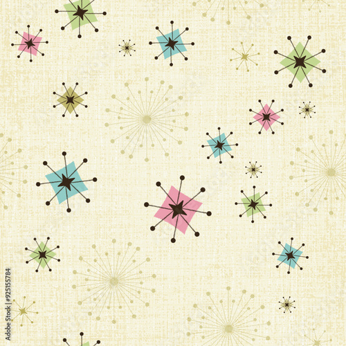 Mid-century modern, atomic age seamless pattern. Retro 1950s background