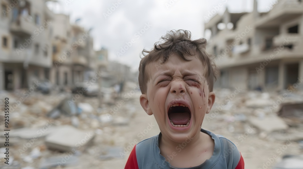 Homeless kid Crying in The Middle of War Zone Deserted Demolished City Buildings Homeless kid Crying in The Middle of War Zone Deserted Demolished City Buildings