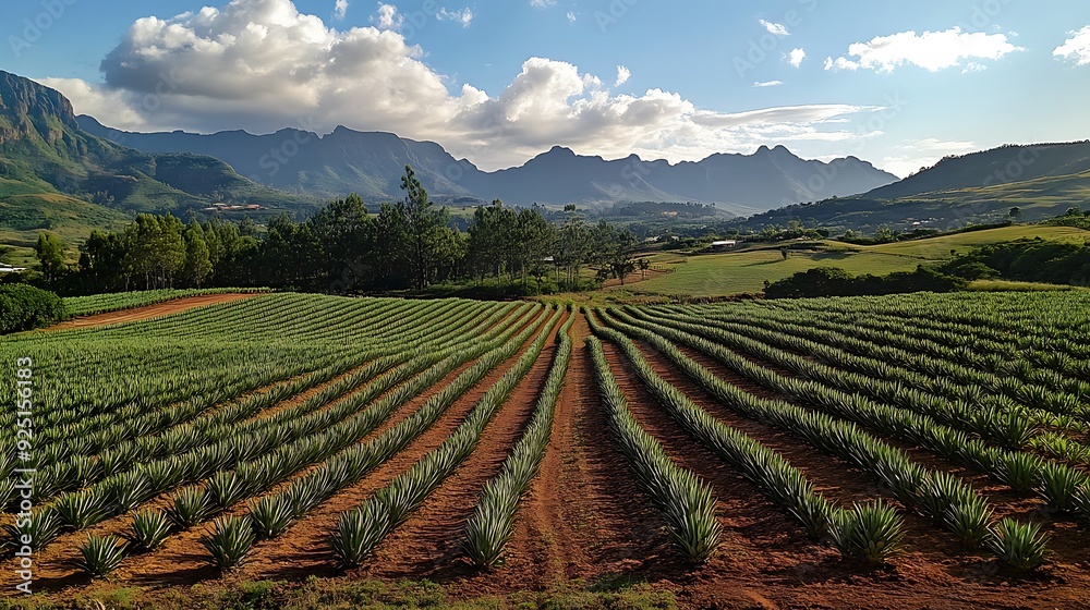 A field of agave plants grows in rows with a mountain range in the distance and a blue sky with white clouds. A field of agave plants grows in rows with a mountain range in the distance and a blue sky with white clouds.