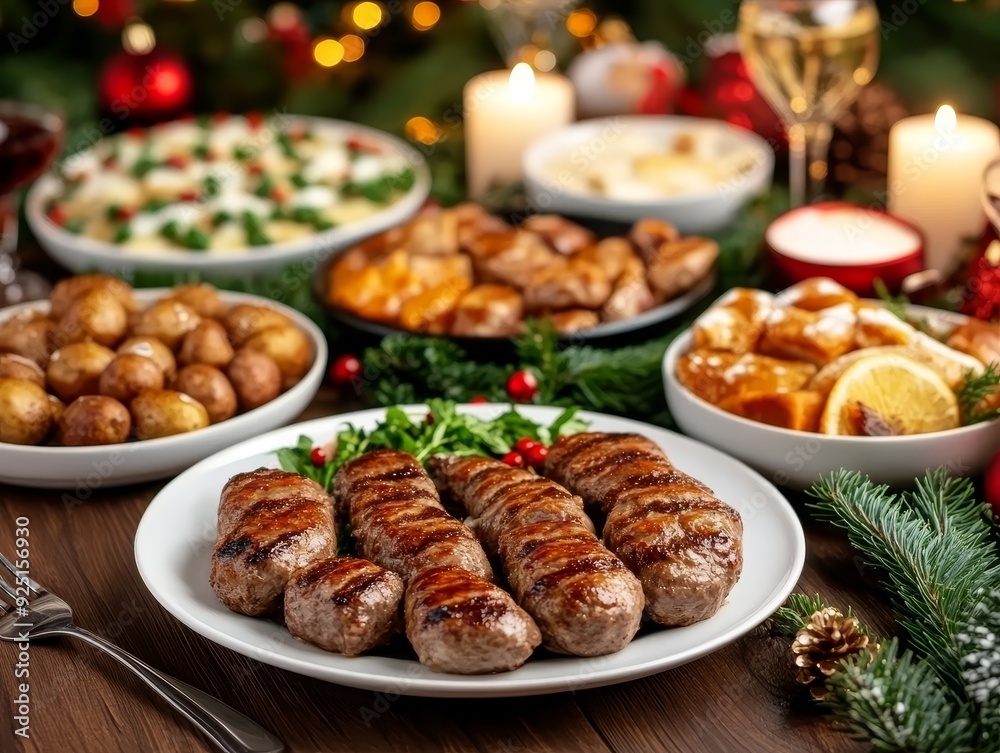 A festive holiday table showcasing delicious grilled sausages, side dishes, and candles, perfect for celebration and gatherings. A festive holiday table showcasing delicious grilled sausages, side dishes, and candles, perfect for celebration and gatherings.
