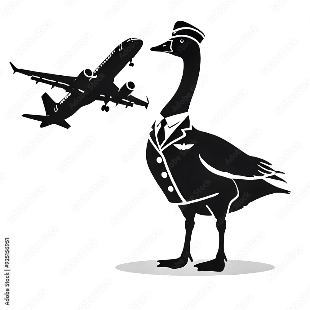Fototapeta premium The silhouette images of a goose flight attendant with a uniform and airplane. 