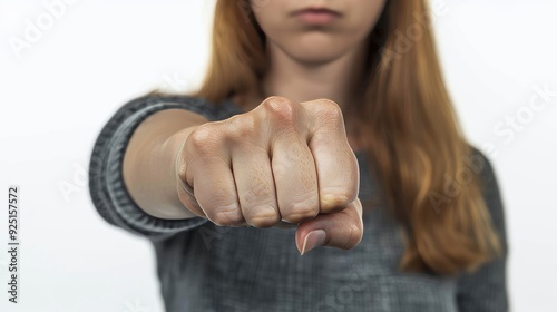 Angular view of a woman in a clenched fist opening her palm and clenching it again, isolated on white photo