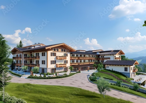 Mountainside Hotel with Balconies and Green Grass