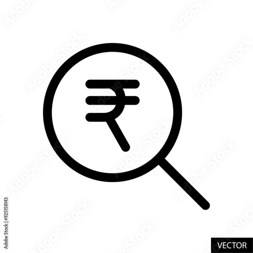 Magnifying glass with inr symbol, indian rupee sign vector icon in line style design for website, app, ui, isolated on white background. Editable stroke. Vector illustration.
