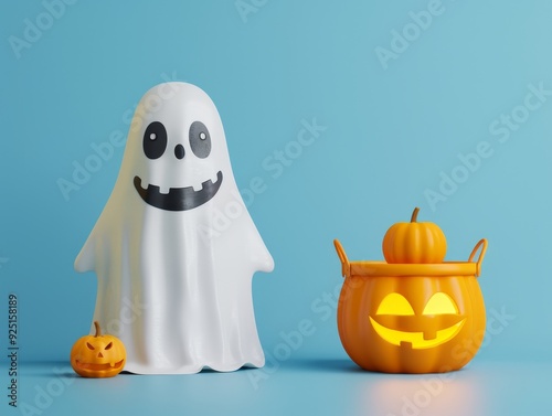 A friendly ghost and jack-o'-lantern pumpkins stand on a blue background, perfect for Halloween decorations or greeting cards.