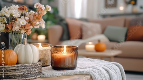 A table with candles and pumpkins on it in a living room, AI photo