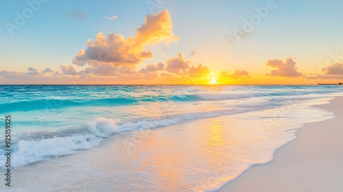 Latin American Sunset Beach with Mayan Art Elements, Spanish Heritage Charm, Serene Scene Illustration