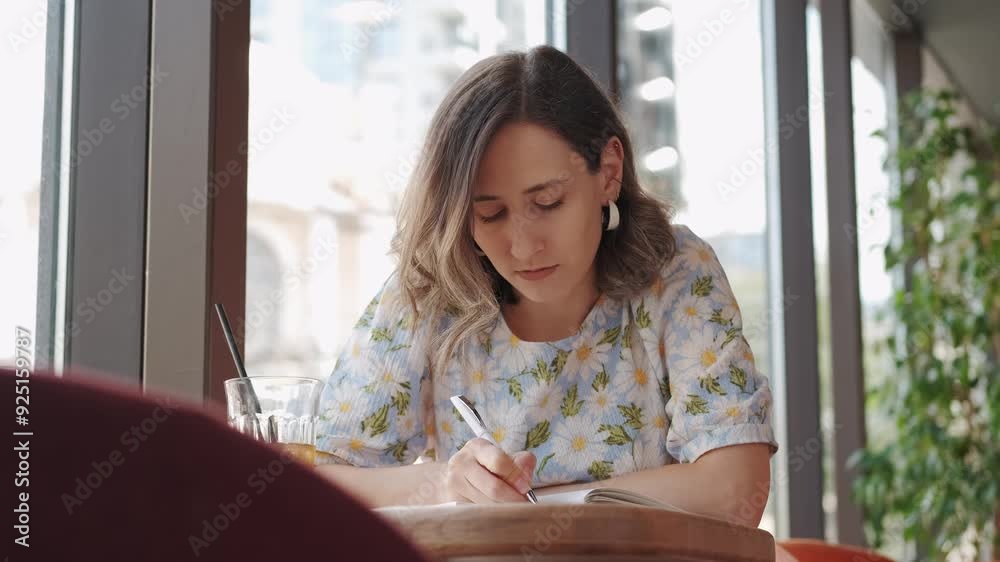 A dedicated woman is deeply engrossed in her writing at a cafe table, beautifully illuminated by natural light