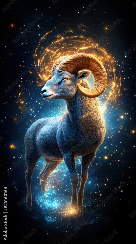 Aries zodiac symbol with a majestic ram in a starry night, golden light aura