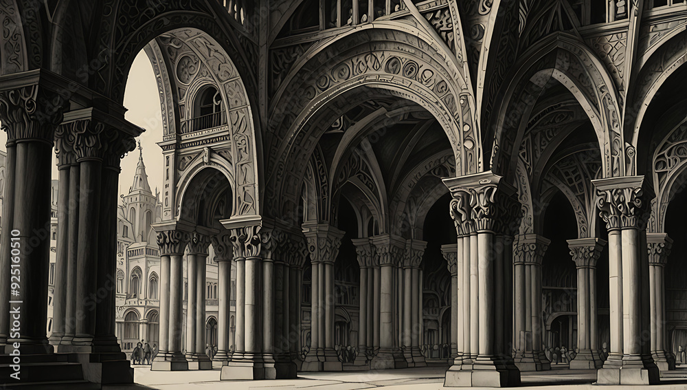 Fototapeta premium Vintage Renaissance greyscale black and white architecture columns arches castle church