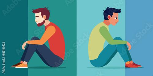 Set of character man in two poses. The guy is sitting and he leaning on the wall. Vector illustration
