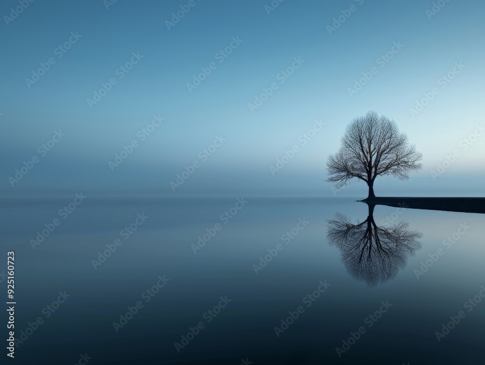 A lone tree stands silhouetted against a misty blue sky, its reflection mirrored in the still waters of a lake. A lone tree stands silhouetted against a misty blue sky, its reflection mirrored in the still waters of a lake.