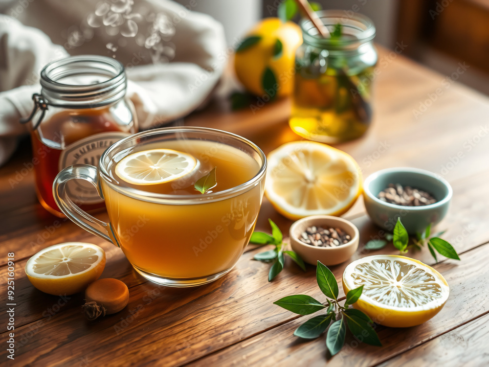 A steaming cup of herbal tea placed on a wooden table, surrounded by fresh lemon slices, a jar of honey, and a small dish of herbs. A steaming cup of herbal tea placed on a wooden table, surrounded by fresh lemon slices, a jar of honey, and a small dish of herbs.
