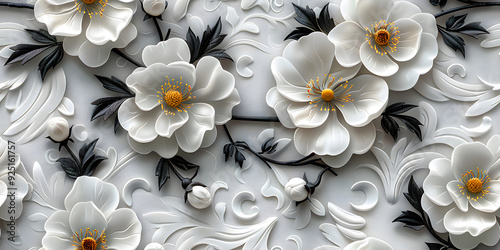 Seamless Elegant 3D Floral Wallpaper Design in White, Gold Flower, and Black Leaves with Sculpted Aesthetic on a Pristine Background. Seamless Tile Flower Wall Sticker