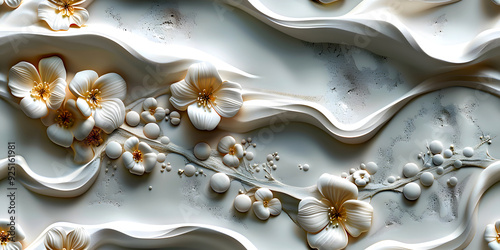 Seamless Elegant 3D Floral Wallpaper Design in White, Gold Flower, and Black Leaves with Sculpted Aesthetic on a White Wave Background. Seamless Tile Flower Wall Sticker