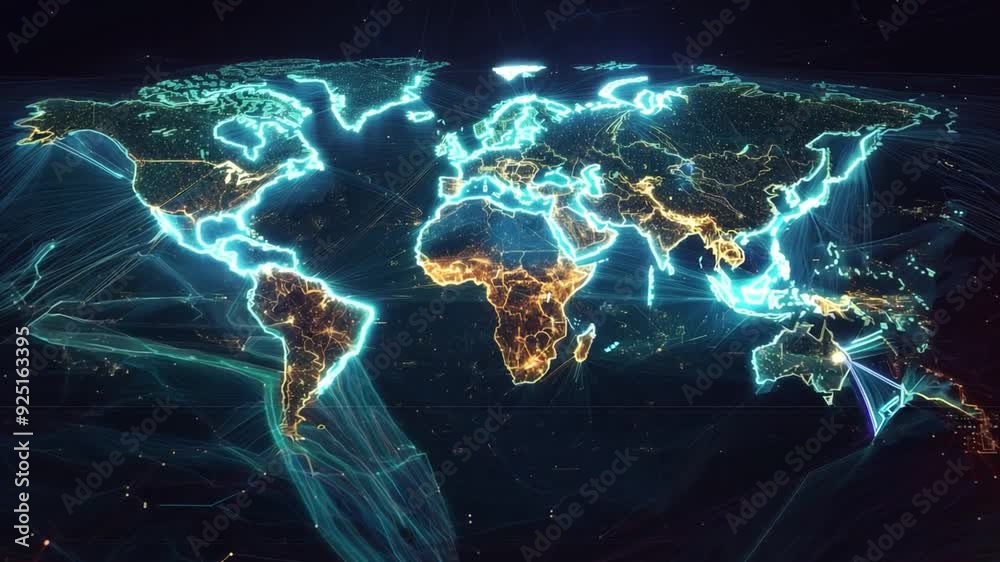 A digital map visualizing global navigation routes with bright neon lines connecting continents and major regions.