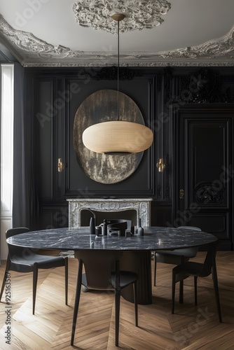 Modern Black Dining Room Interior Design with Ornate Ceiling