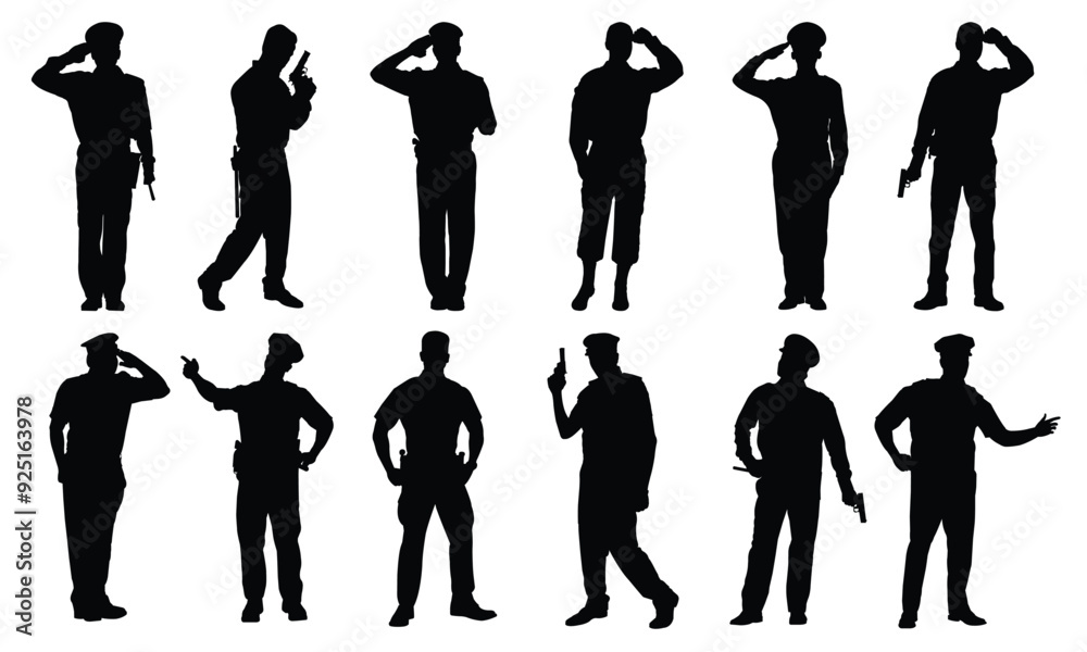 Set of policeman silhouette vector on white background, officer