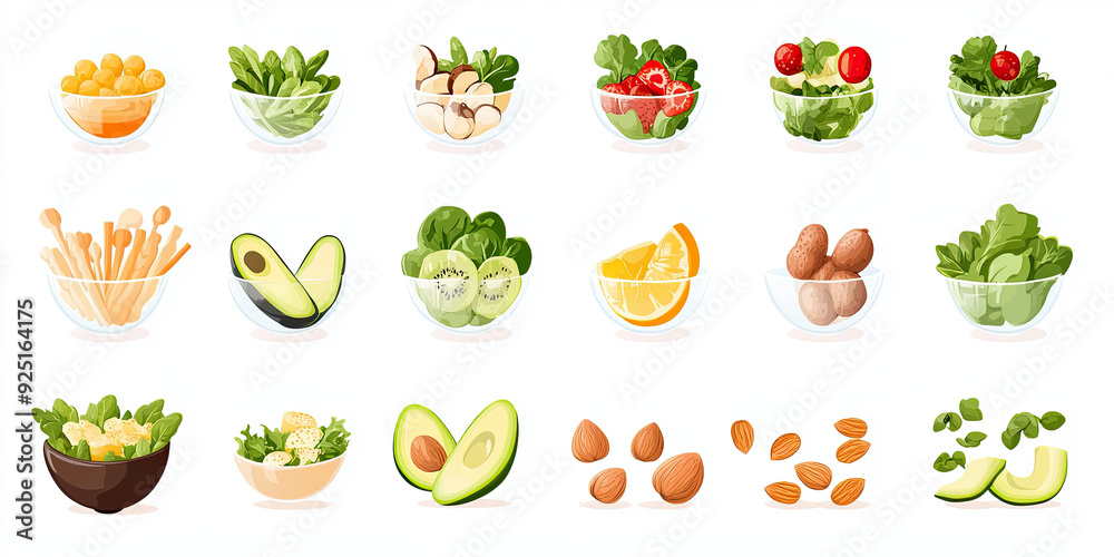 A set of healthy food icons, featuring salad, avocado A set of healthy food icons, featuring salad, avocado