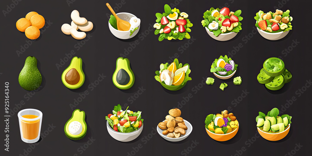 A set of healthy food icons, featuring salad, avocado