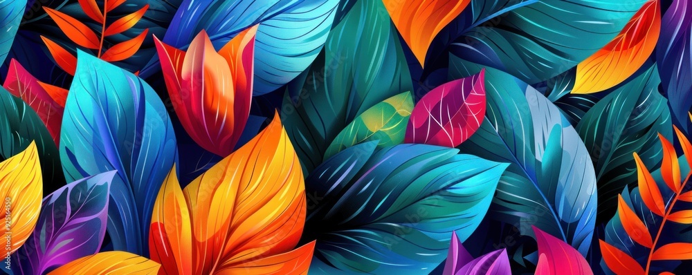 Vibrant leaves and flowers in a colorful abstract design on a dark background, showcasing a blend of blues, greens, yellows, and reds Vibrant leaves and flowers in a colorful abstract design on a dark background, showcasing a blend of blues, greens, yellows, and reds